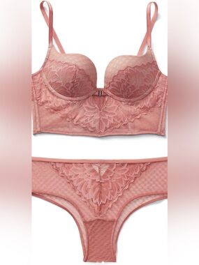 NEVER WORN! Gorgeous Adore Me Rose Pink Lace Longline Bra & Bikini Set